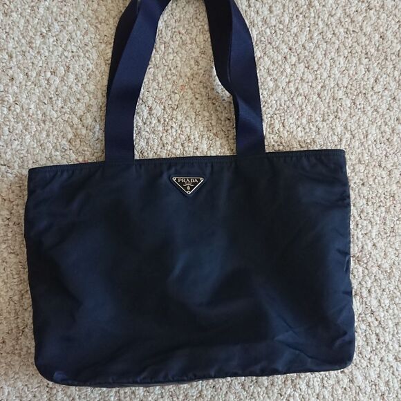 Black Prada nylon fabric with navy blue double handles tote - Picture 1 of 16